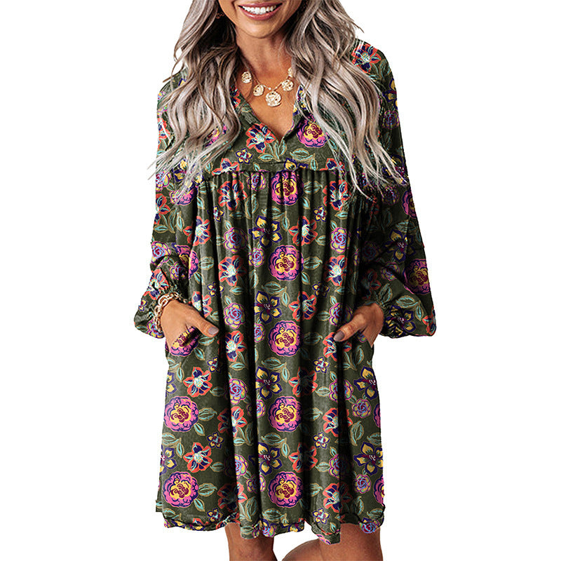 Elegant V-Neck Boho Print Dress with Effortless Charm