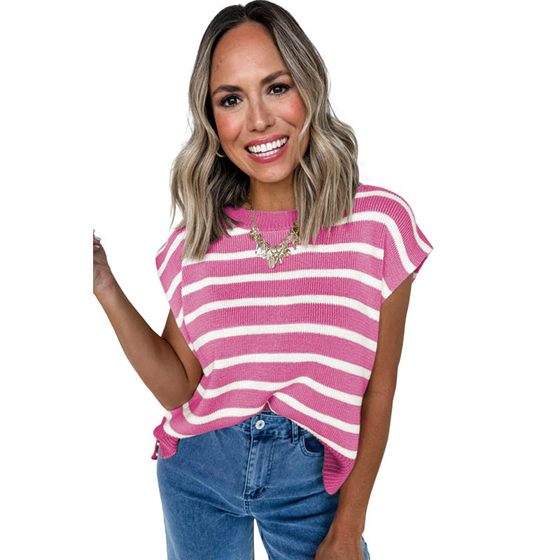 Striped Knitted Sleeveless Top with Buttons – Chic Comfort and Timeless Style