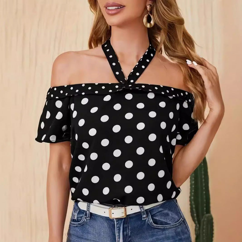 Off-Shoulder Polka Dot Top with Crossed Straps – Playful Elegance and Summer Charm