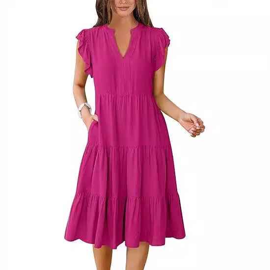 Elegant Flared Midi Dress with Artistic Stitching & Hidden Pockets