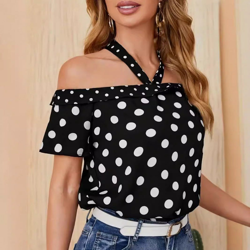Off-Shoulder Polka Dot Top with Crossed Straps – Playful Elegance and Summer Charm