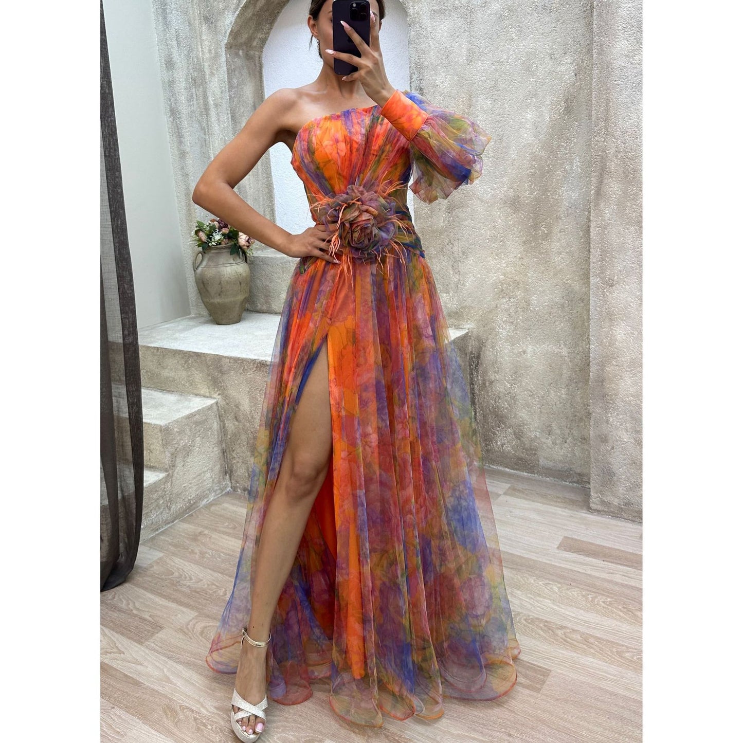 One-Shoulder Floral Elegance Gown with Graceful Slit
