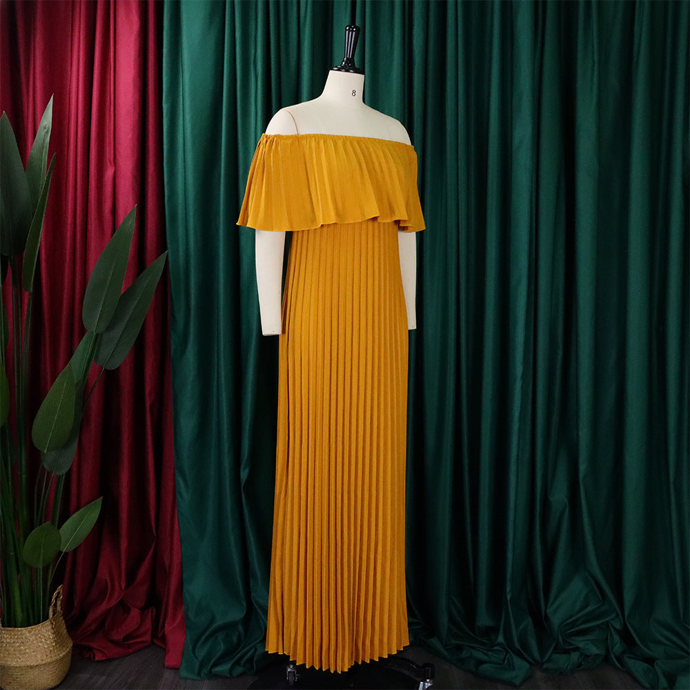 Off-Shoulder Pleated Elegance Dress – Timeless European Glamour