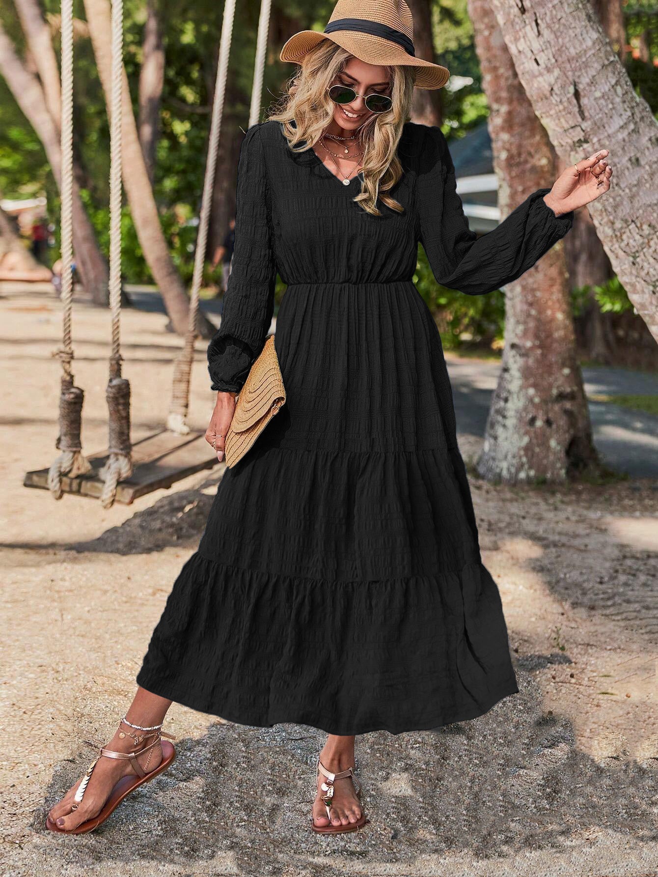 Chic Lantern Sleeve Stitch Dress – Modern Grace in Motion