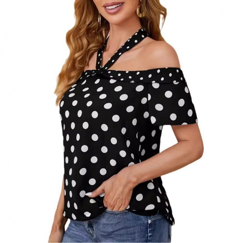 Off-Shoulder Polka Dot Top with Crossed Straps – Playful Elegance and Summer Charm