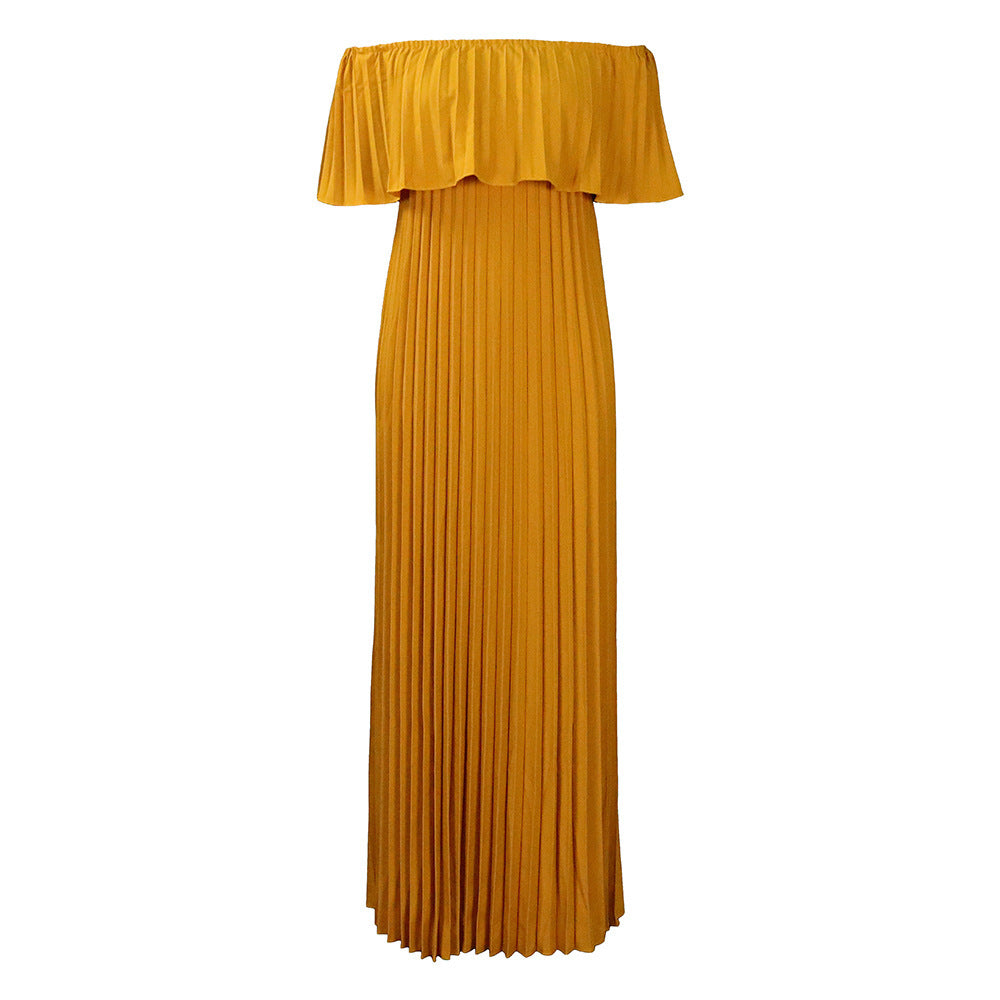 Off-Shoulder Pleated Elegance Dress – Timeless European Glamour