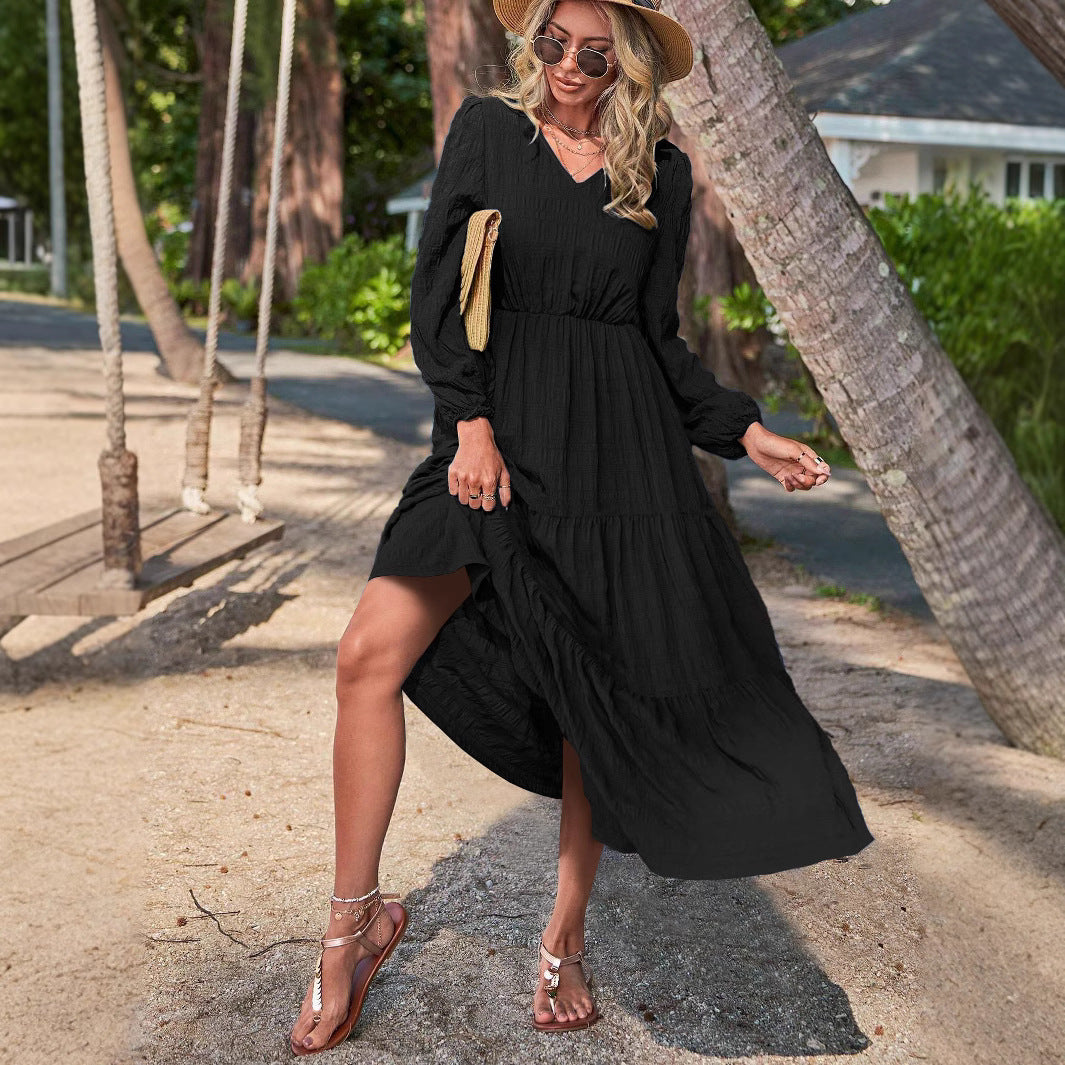 Chic Lantern Sleeve Stitch Dress – Modern Grace in Motion