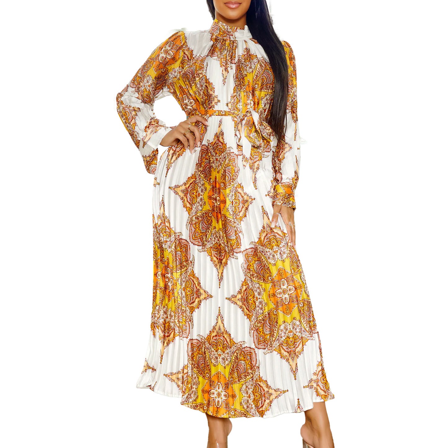 Graceful Pleated Print Dress with Long Sleeves – Effortless Elegance