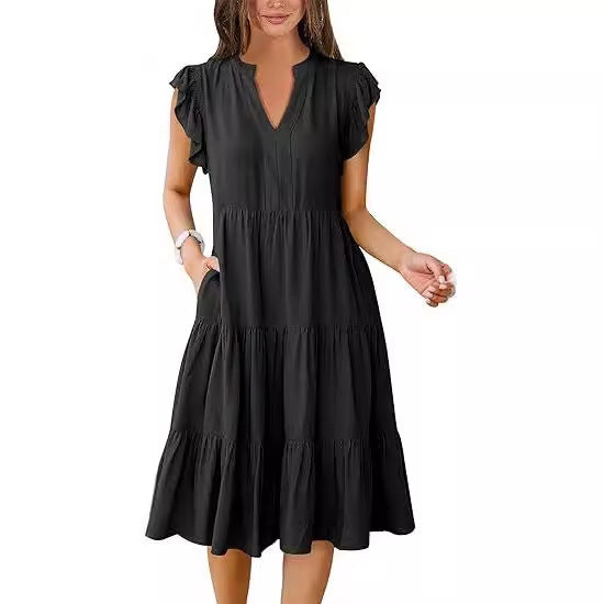 Elegant Flared Midi Dress with Artistic Stitching & Hidden Pockets