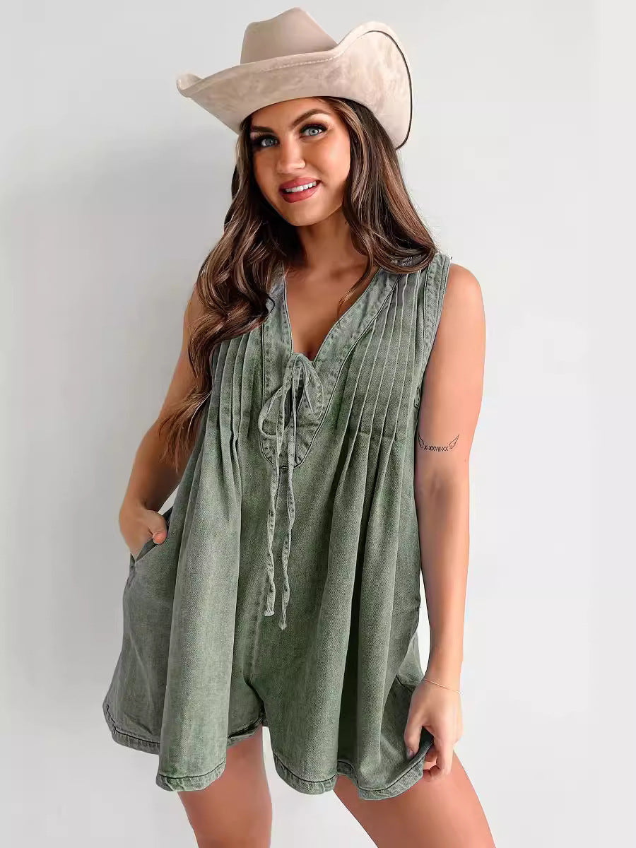 Casual Sleeveless Jumpsuit with Tie Collar – Effortless Elegance and Modern Comfort