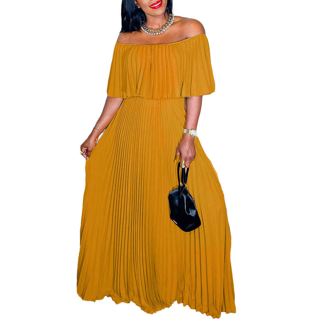 Off-Shoulder Pleated Elegance Dress – Timeless European Glamour
