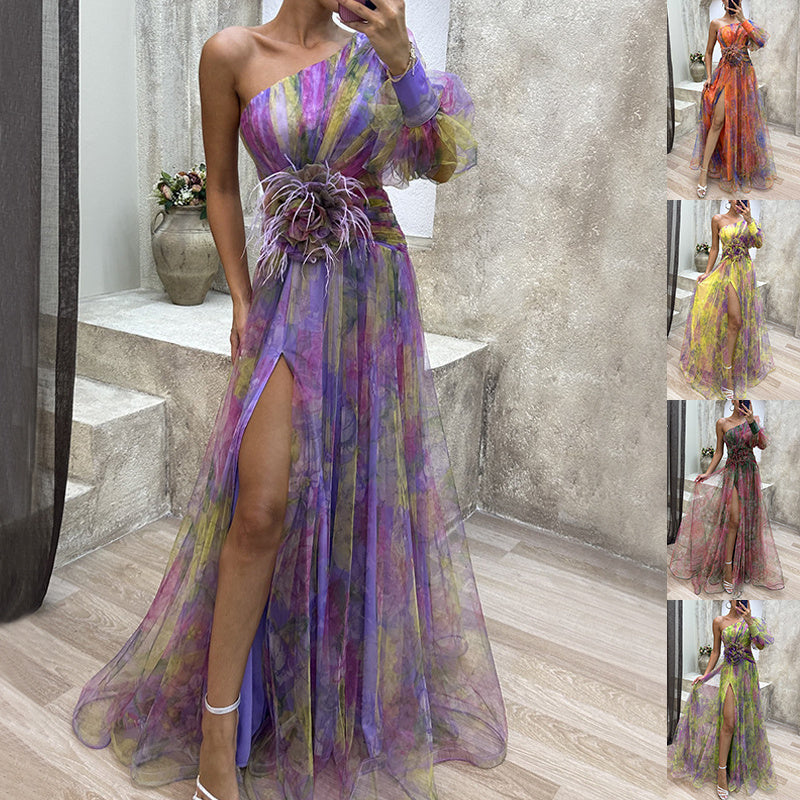One-Shoulder Floral Elegance Gown with Graceful Slit