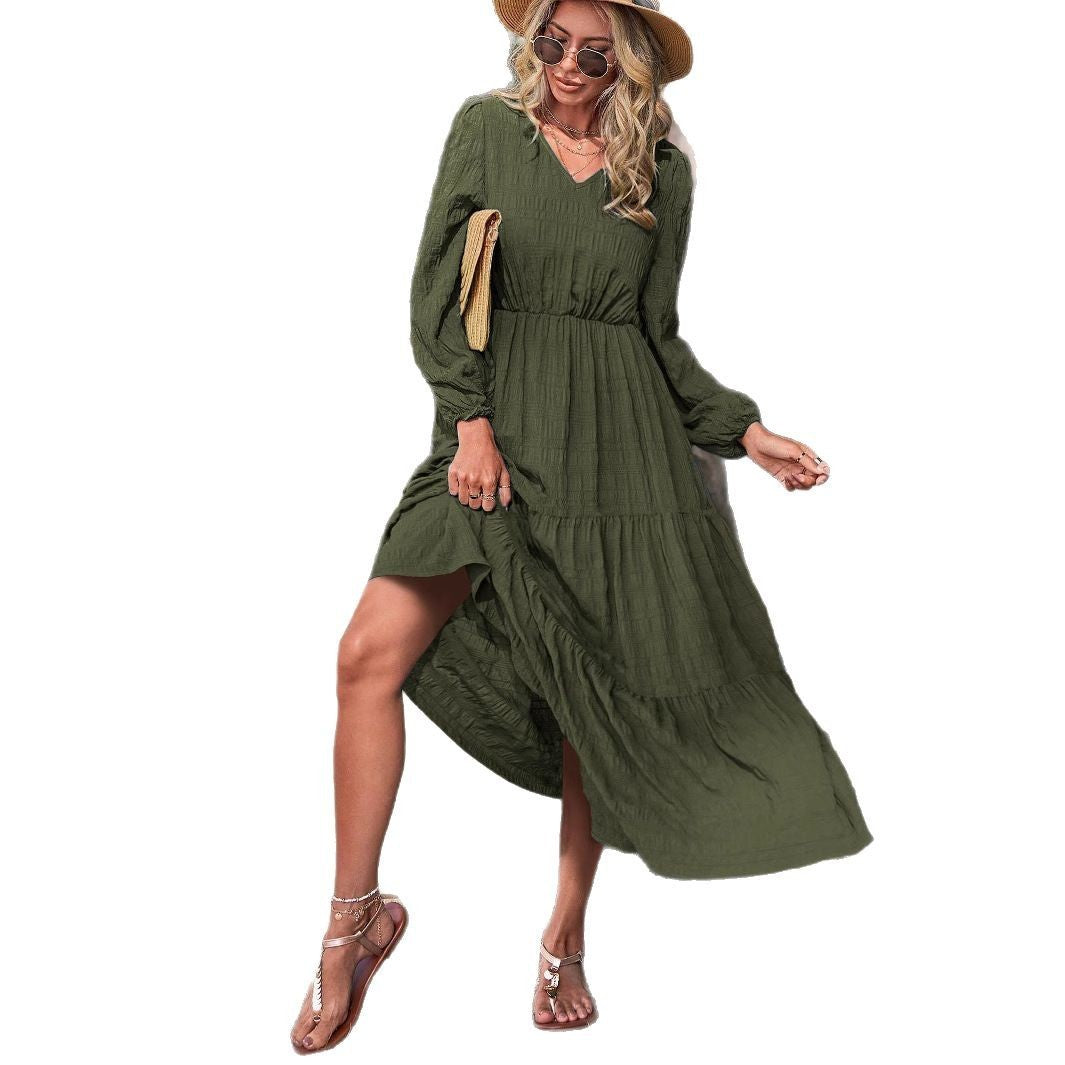 Chic Lantern Sleeve Stitch Dress – Modern Grace in Motion