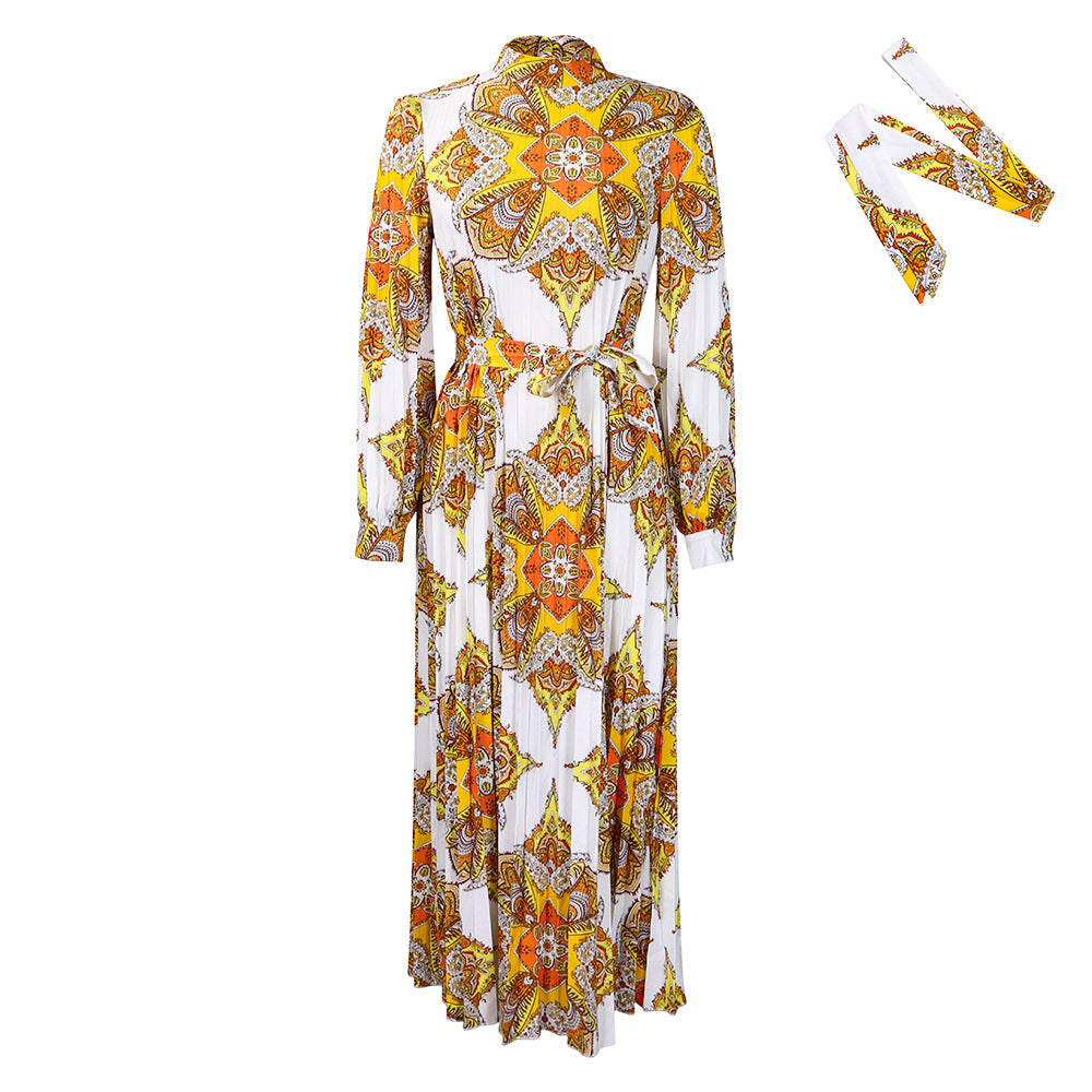 Graceful Pleated Print Dress with Long Sleeves – Effortless Elegance