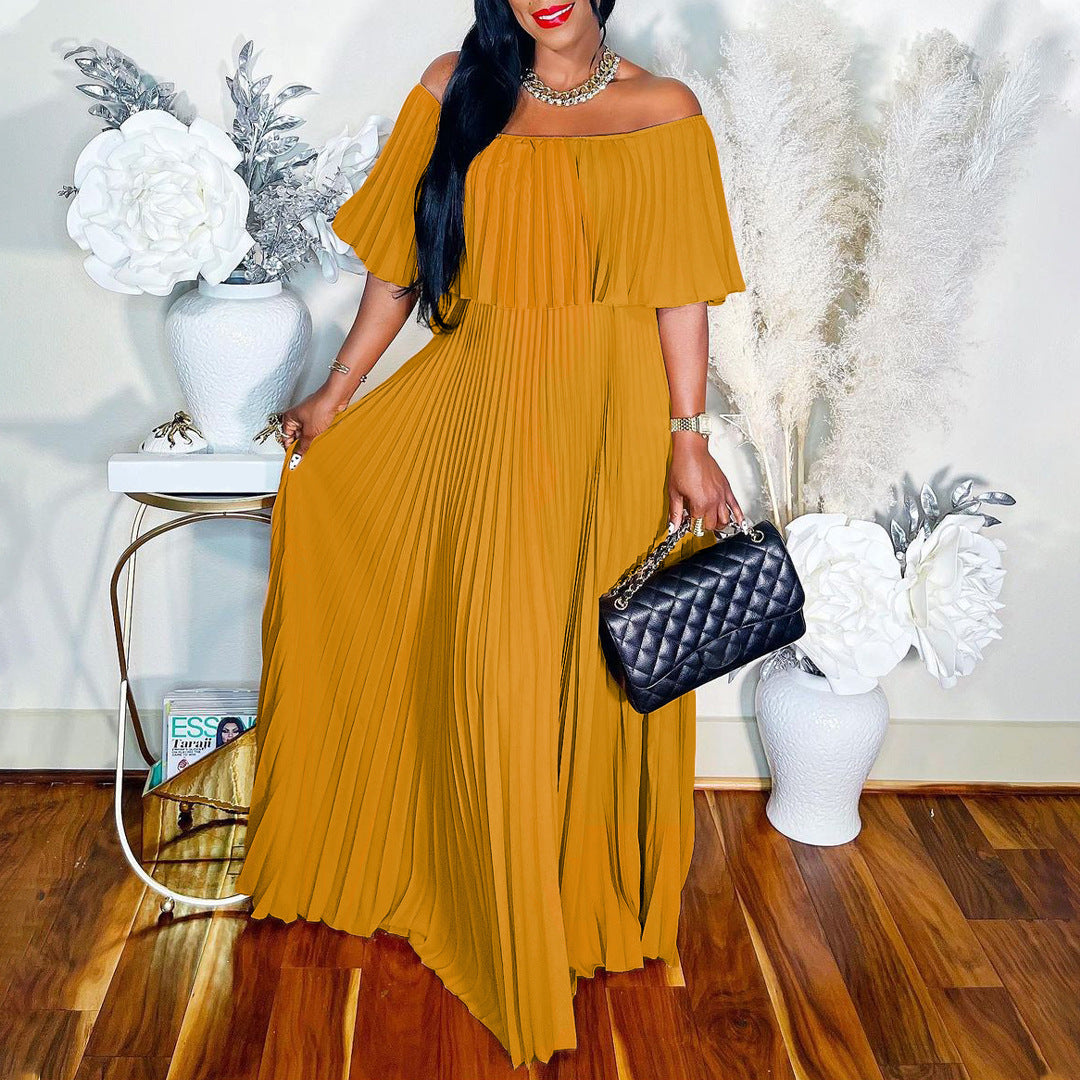 Off-Shoulder Pleated Elegance Dress – Timeless European Glamour