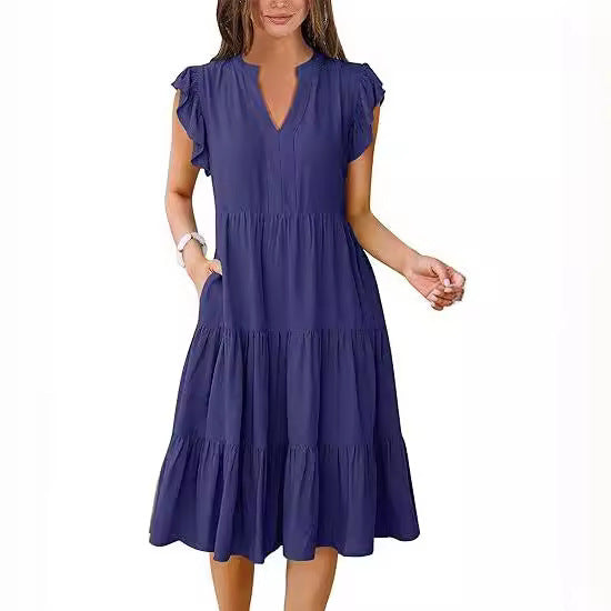 Elegant Flared Midi Dress with Artistic Stitching & Hidden Pockets