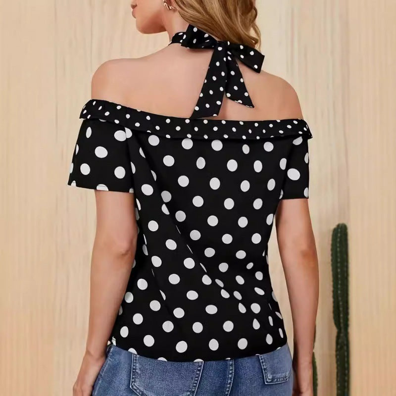 Off-Shoulder Polka Dot Top with Crossed Straps – Playful Elegance and Summer Charm