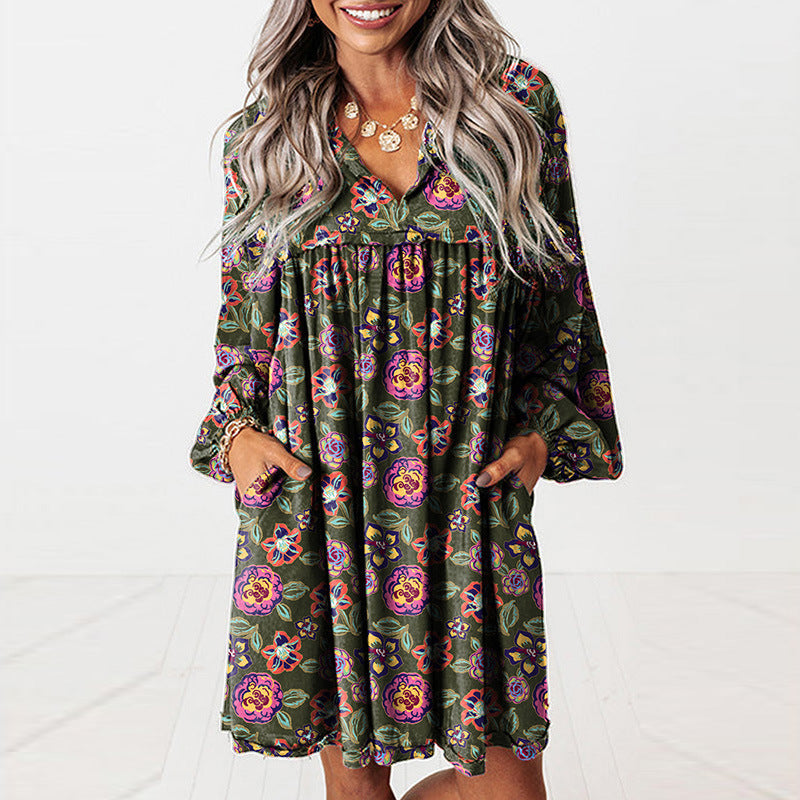 Elegant V-Neck Boho Print Dress with Effortless Charm