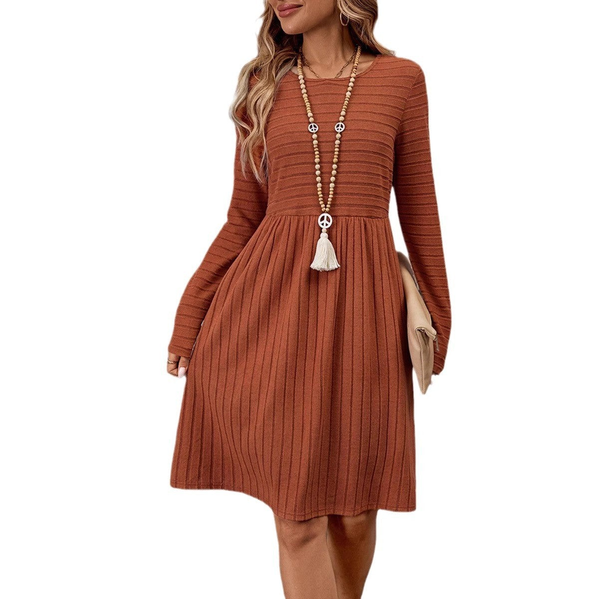 Classic Long Sleeve Round Neck Dress – Effortless Comfort & Everyday Grace