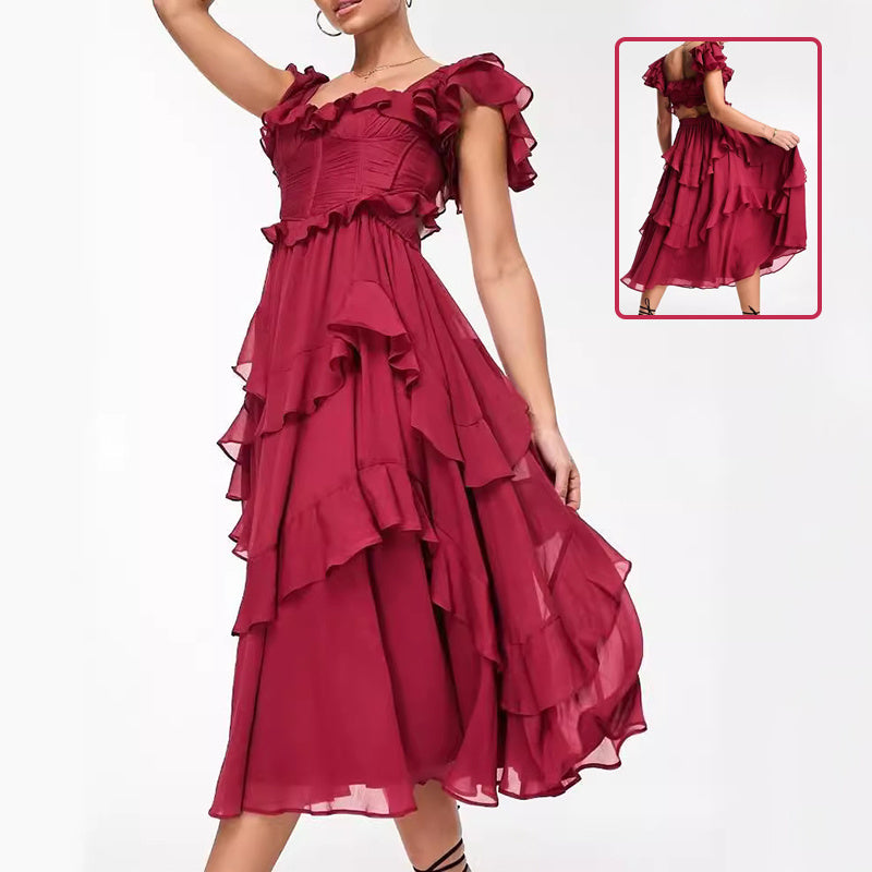 Romantic Ruffled Midi Dress with Short Sleeves – Timeless Elegance and Feminine Grace