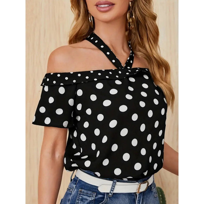 Off-Shoulder Polka Dot Top with Crossed Straps – Playful Elegance and Summer Charm