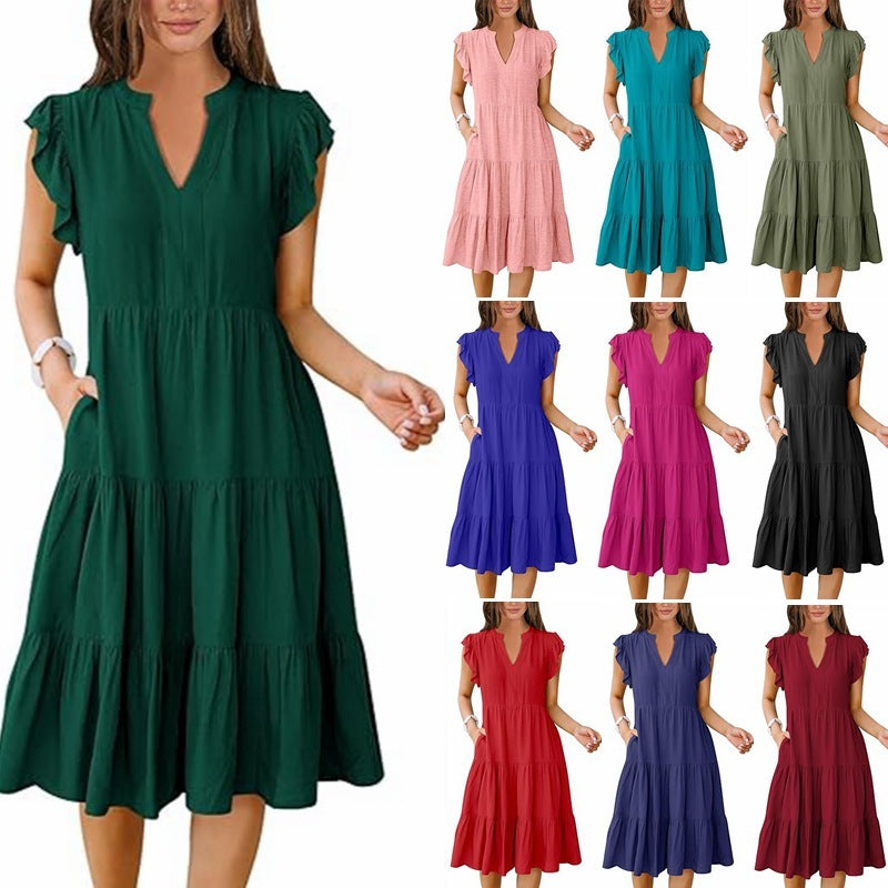 Elegant Flared Midi Dress with Artistic Stitching & Hidden Pockets