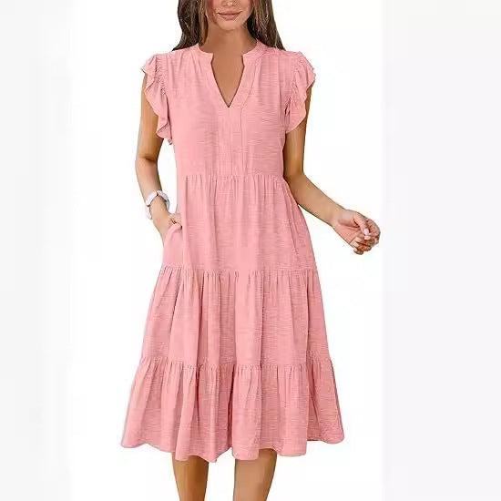 Elegant Flared Midi Dress with Artistic Stitching & Hidden Pockets