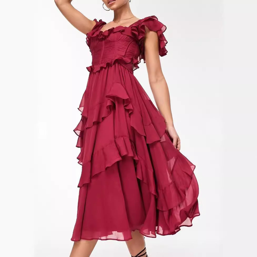 Romantic Ruffled Midi Dress with Short Sleeves – Timeless Elegance and Feminine Grace