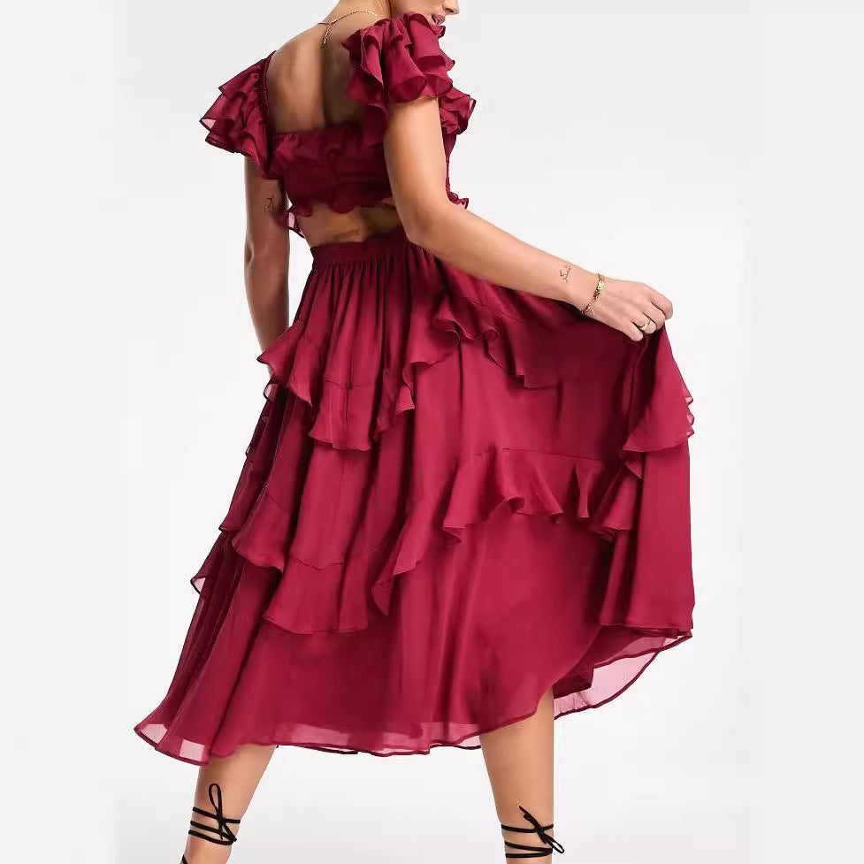 Romantic Ruffled Midi Dress with Short Sleeves – Timeless Elegance and Feminine Grace