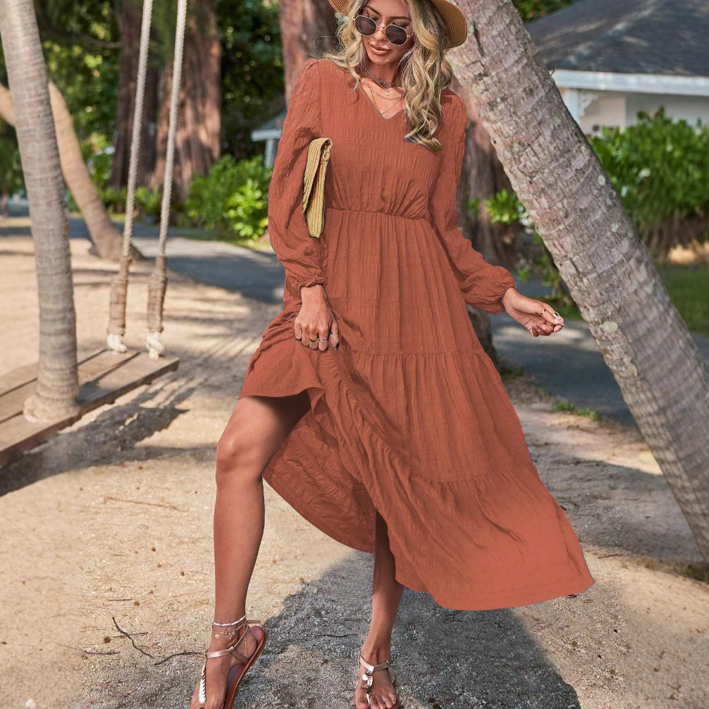 Chic Lantern Sleeve Stitch Dress – Modern Grace in Motion