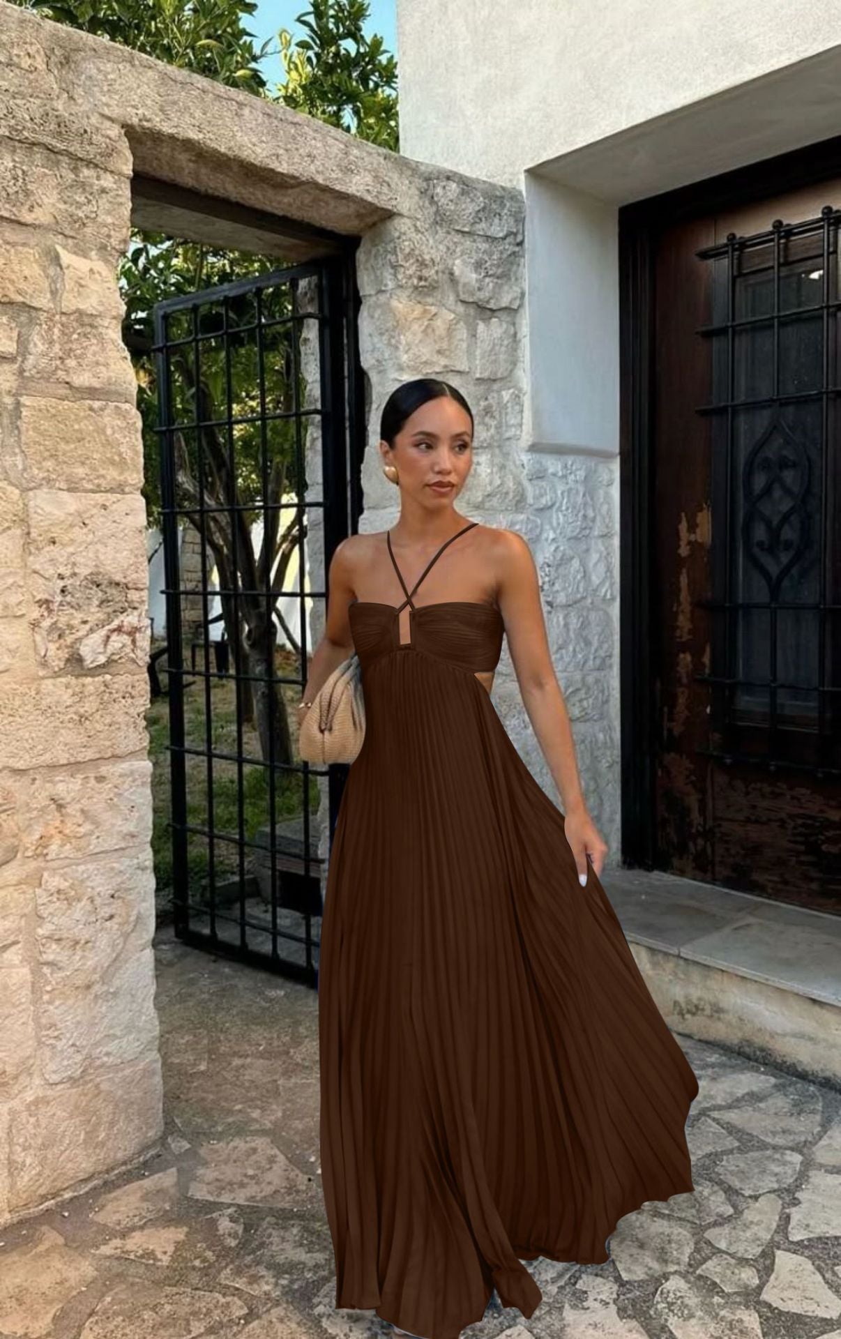 Elegant Long Pleated Dress with Cross Straps – Graceful Flow and Timeless Sophistication