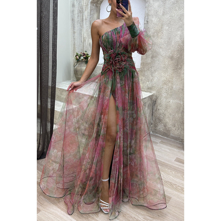 One-Shoulder Floral Elegance Gown with Graceful Slit