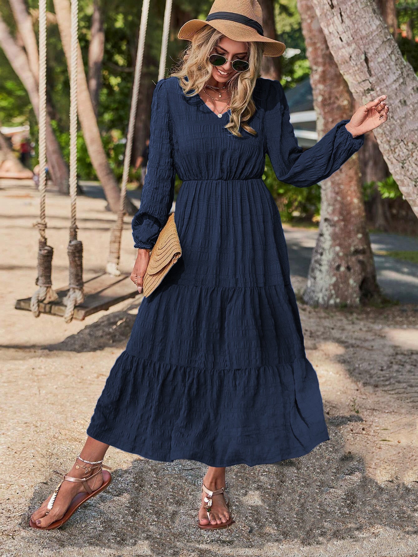 Chic Lantern Sleeve Stitch Dress – Modern Grace in Motion