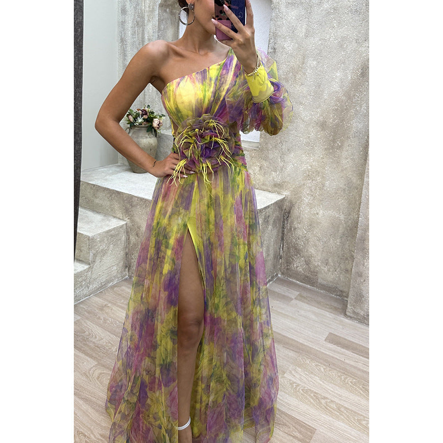 One-Shoulder Floral Elegance Gown with Graceful Slit