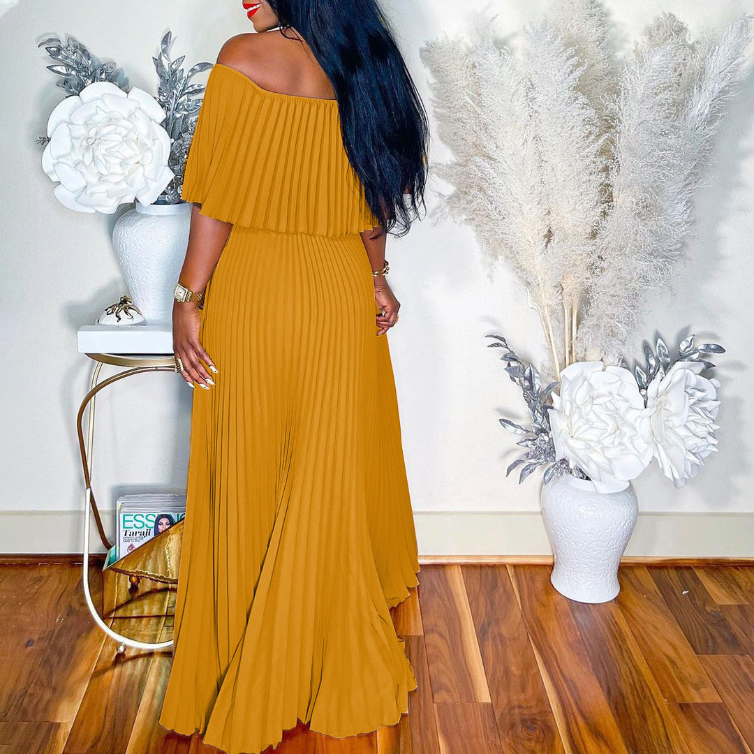 Off-Shoulder Pleated Elegance Dress – Timeless European Glamour