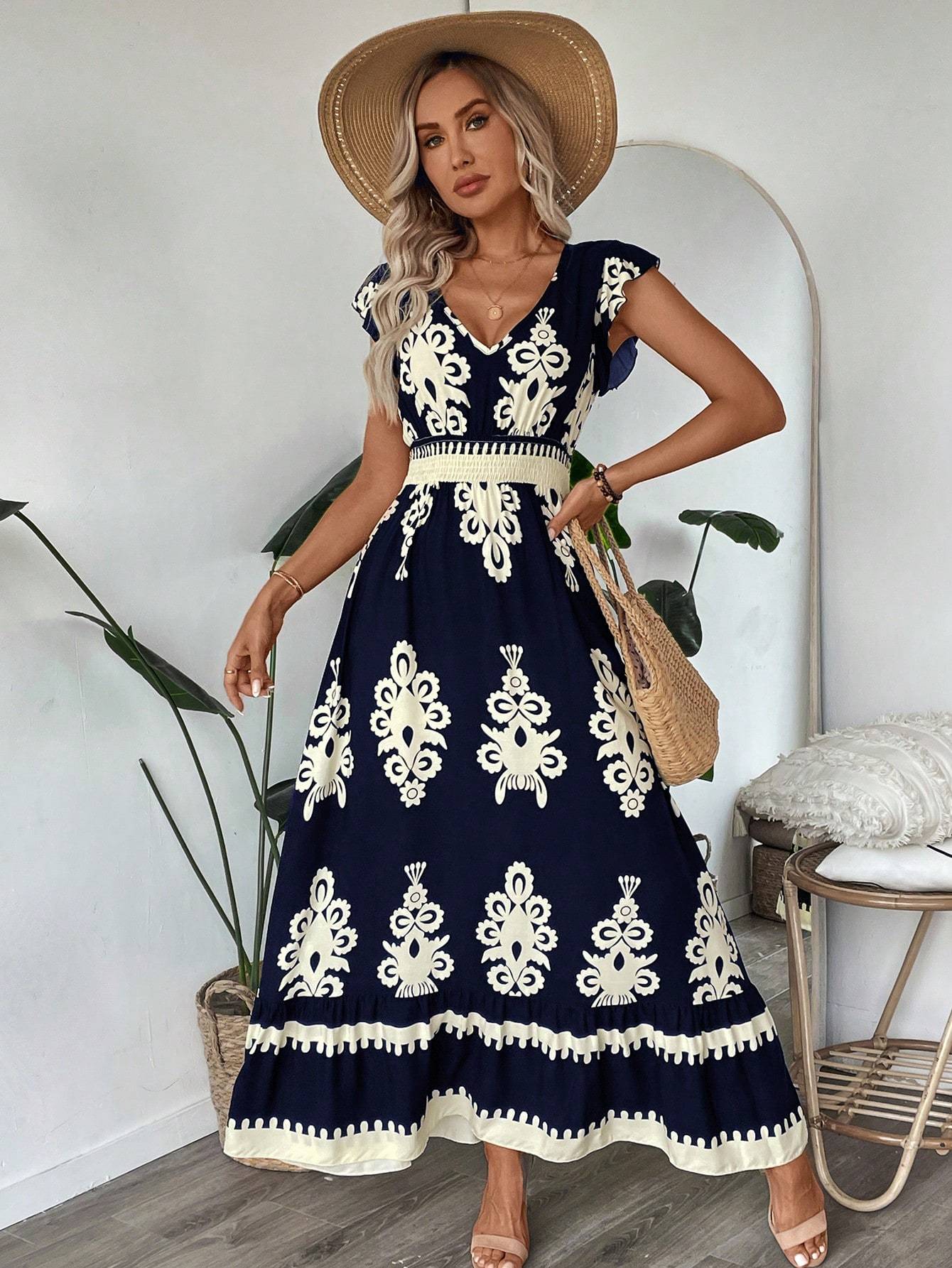 Bohemian Maxi Dress with Artistic Prints & Elegant Belted Waist
