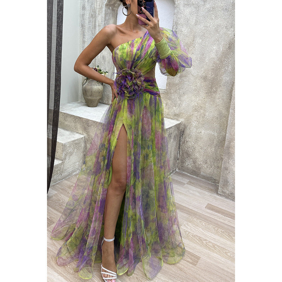 One-Shoulder Floral Elegance Gown with Graceful Slit