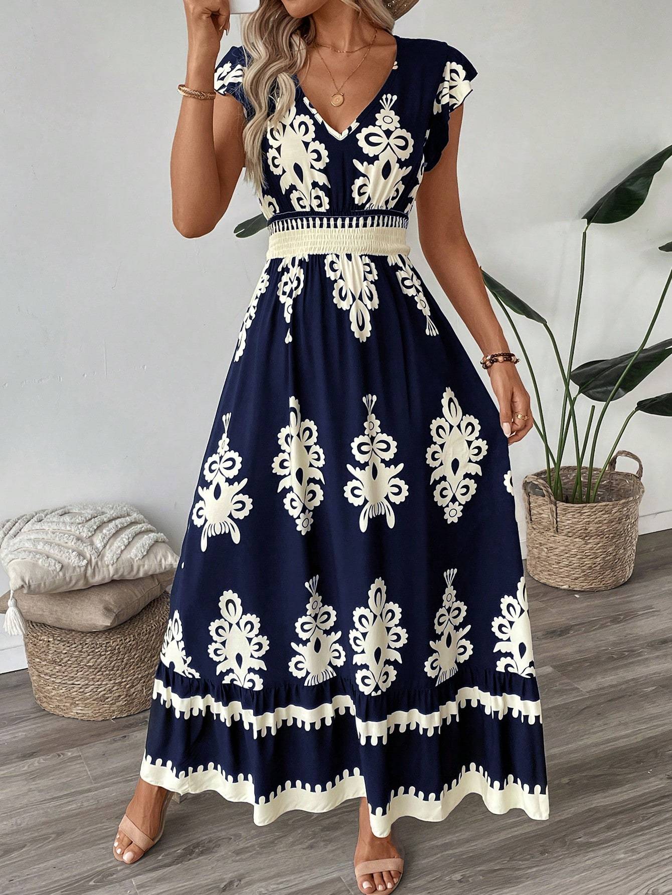Bohemian Maxi Dress with Artistic Prints & Elegant Belted Waist