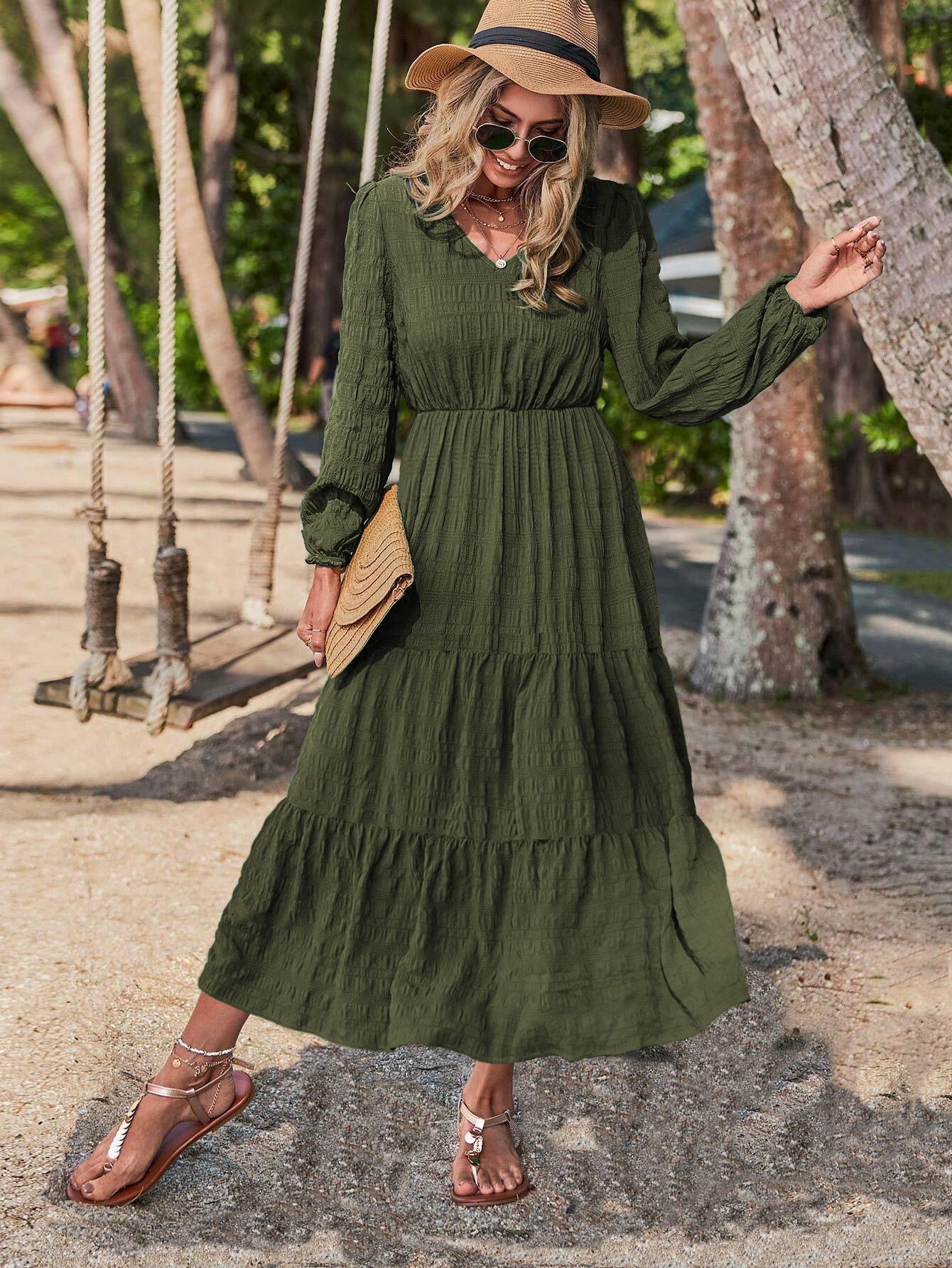 Chic Lantern Sleeve Stitch Dress – Modern Grace in Motion
