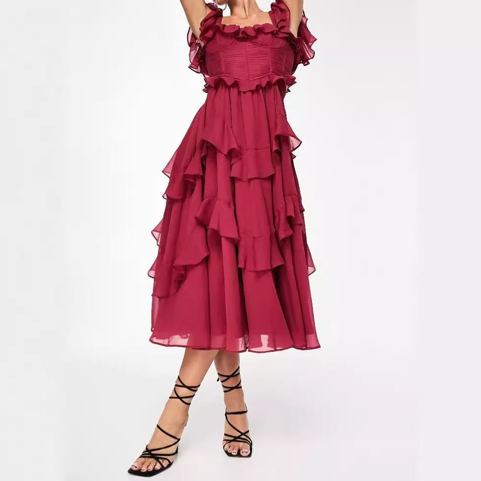 Romantic Ruffled Midi Dress with Short Sleeves – Timeless Elegance and Feminine Grace