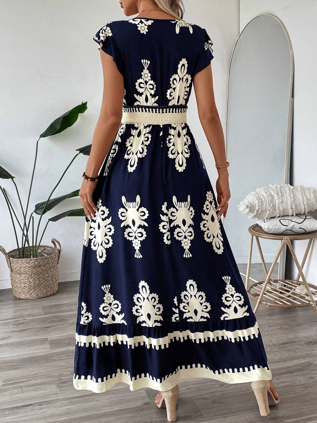 Bohemian Maxi Dress with Artistic Prints & Elegant Belted Waist