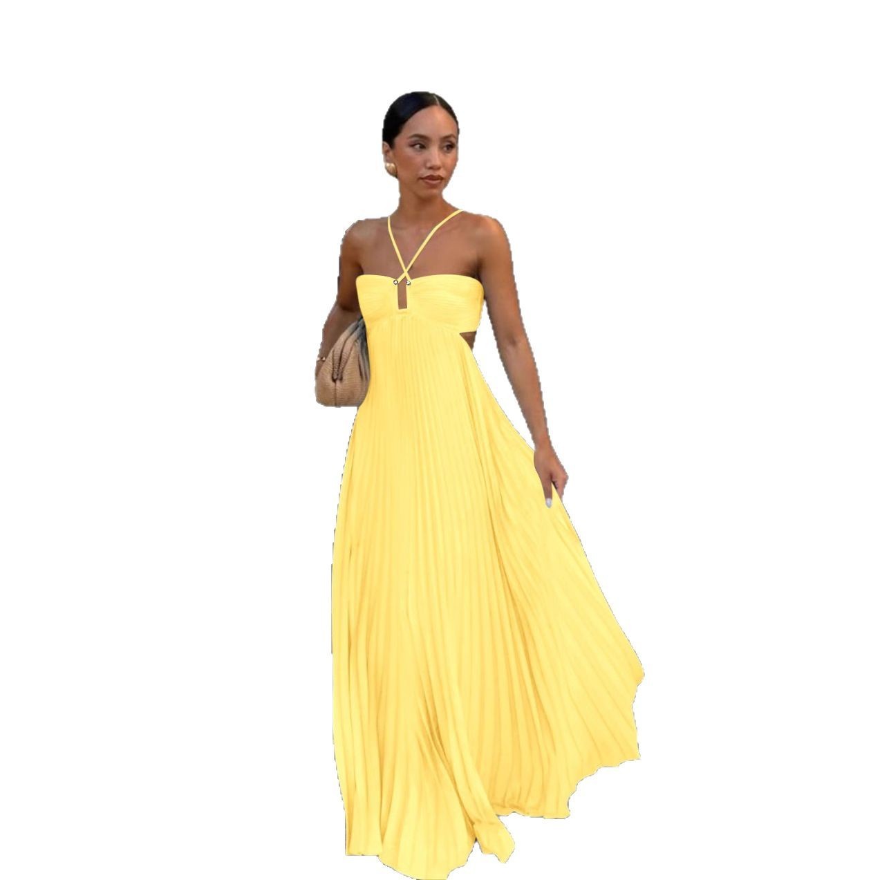 Elegant Long Pleated Dress with Cross Straps – Graceful Flow and Timeless Sophistication