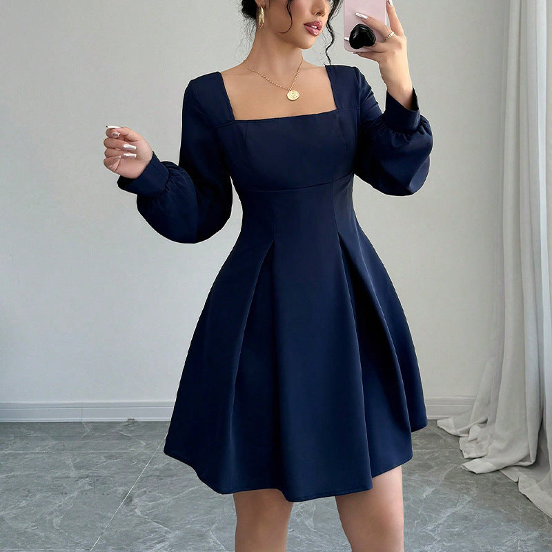 Square Neck Flared Dress with Defined Waist – Classic Grace & Modern Poise