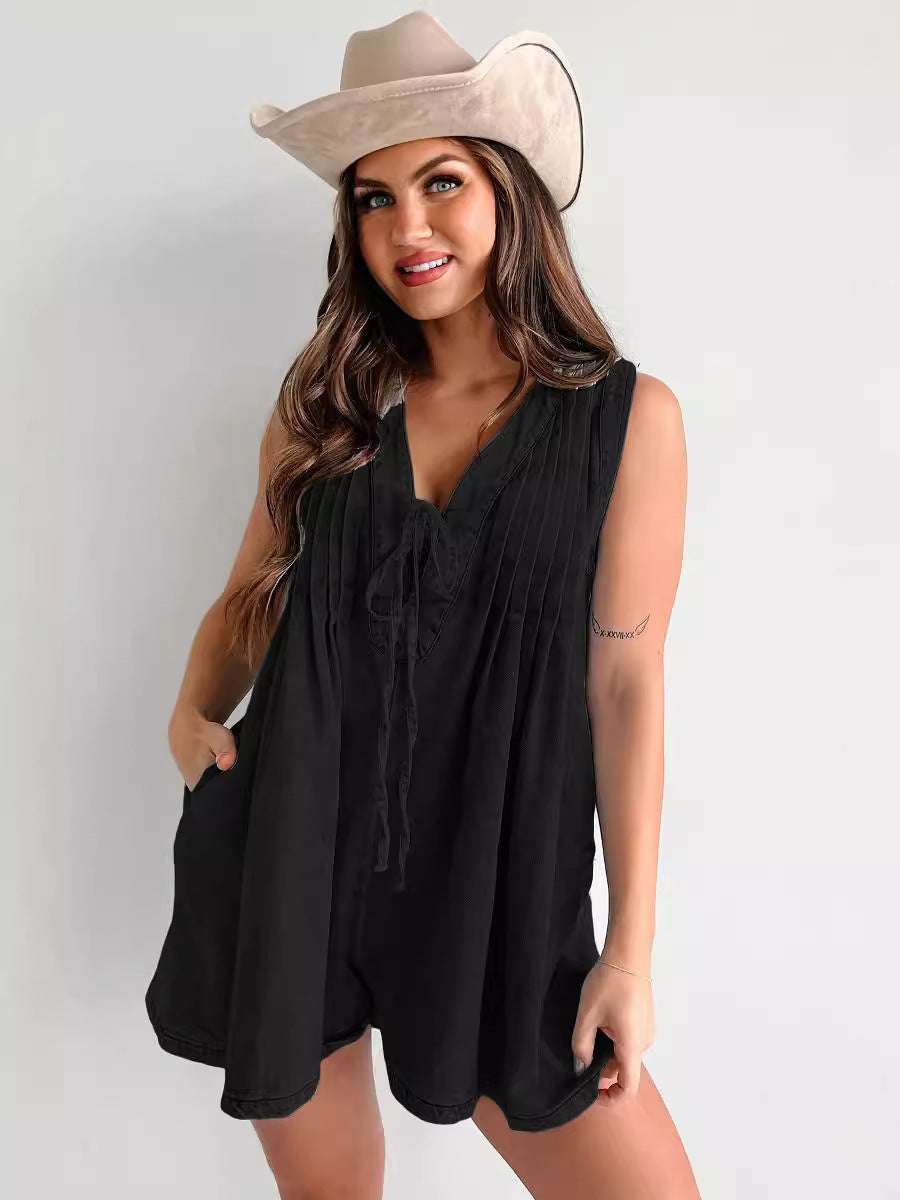 Casual Sleeveless Jumpsuit with Tie Collar – Effortless Elegance and Modern Comfort