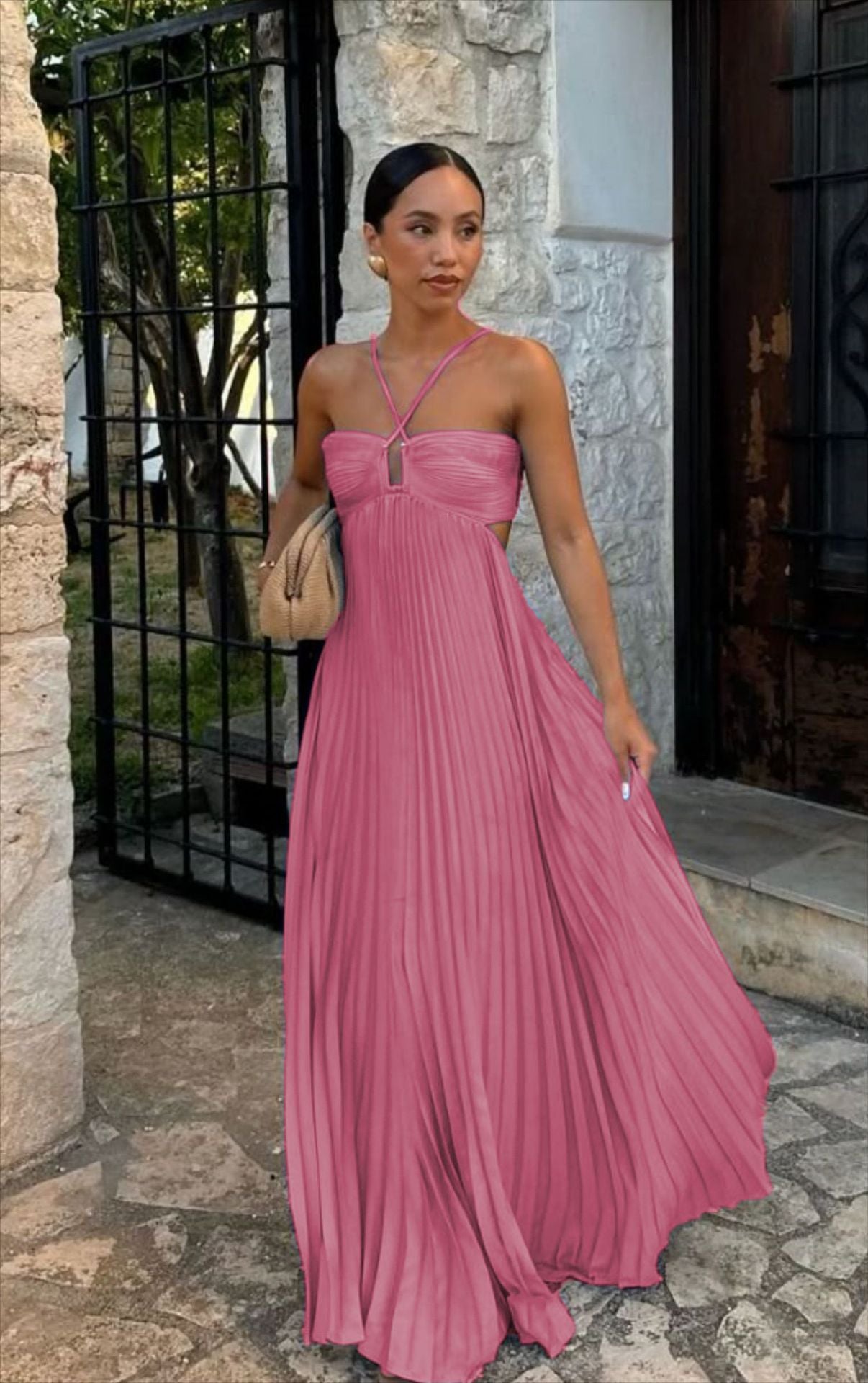 Elegant Long Pleated Dress with Cross Straps – Graceful Flow and Timeless Sophistication