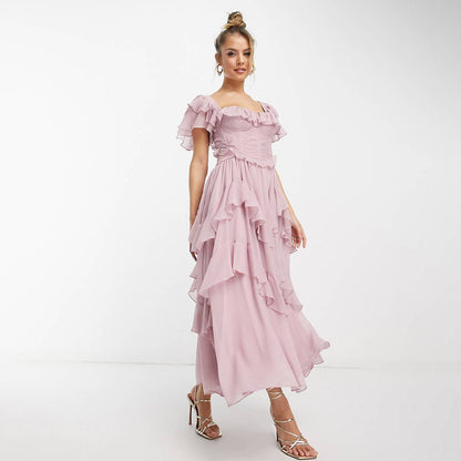 Romantic Ruffled Midi Dress with Short Sleeves – Timeless Elegance and Feminine Grace