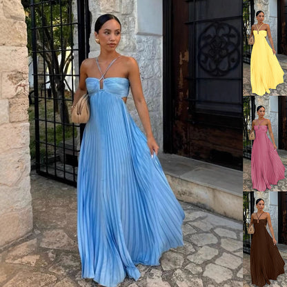 Elegant Long Pleated Dress with Cross Straps – Graceful Flow and Timeless Sophistication