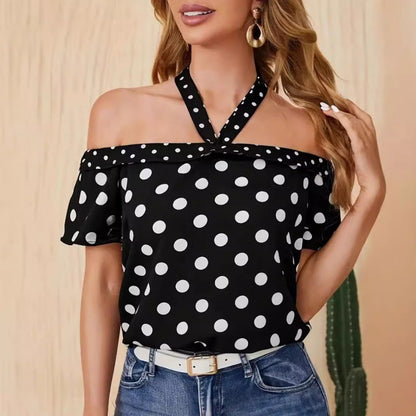 Off-Shoulder Polka Dot Top with Crossed Straps – Playful Elegance and Summer Charm