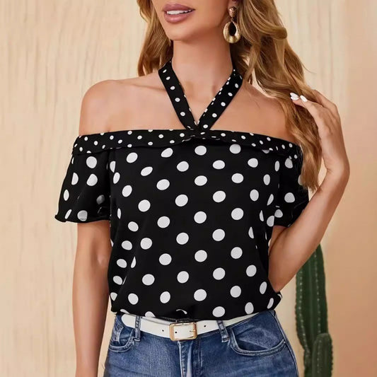 Off-Shoulder Polka Dot Top with Crossed Straps – Playful Elegance and Summer Charm