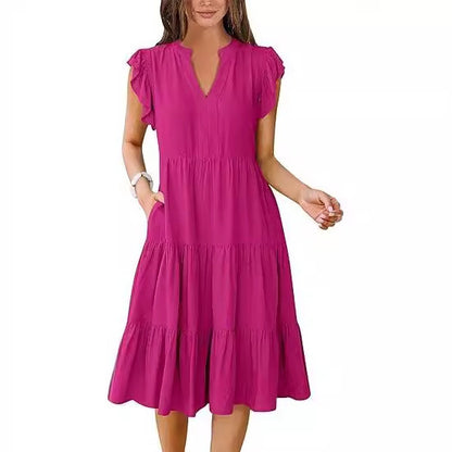 Elegant Flared Midi Dress with Artistic Stitching & Hidden Pockets